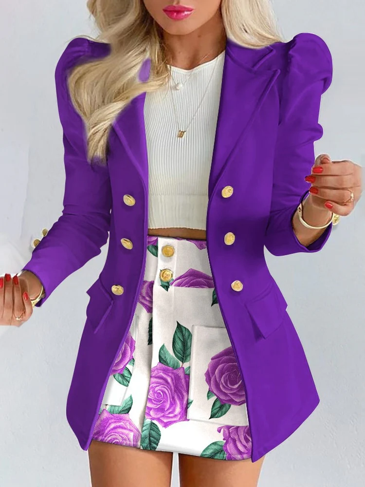 Women's Spring Long Sleeve Solid Color Jacket with Mini Skirt Two-piece Suit Black/White M - Image 13