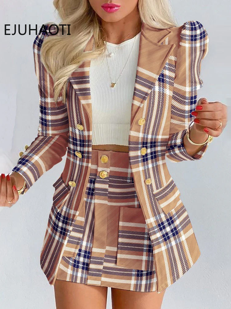 Women's Spring Long Sleeve Solid Color Jacket with Mini Skirt Two-piece Suit Black/White M - Image 18