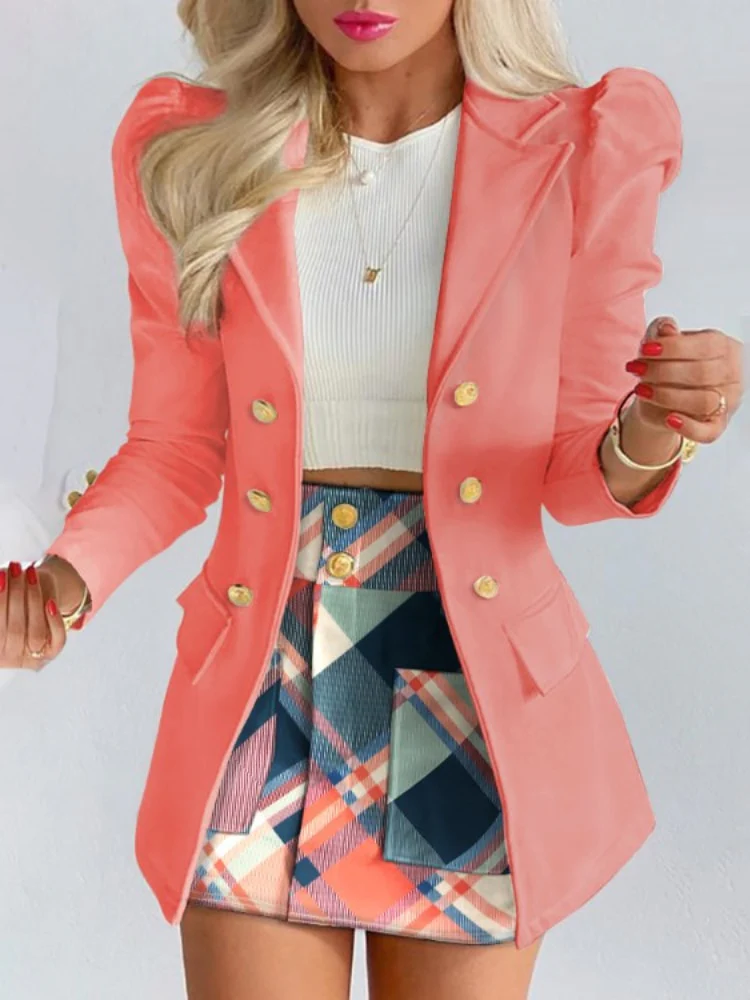 Women's Spring Long Sleeve Solid Color Jacket with Mini Skirt Two-piece Suit Black/White M - Image 2