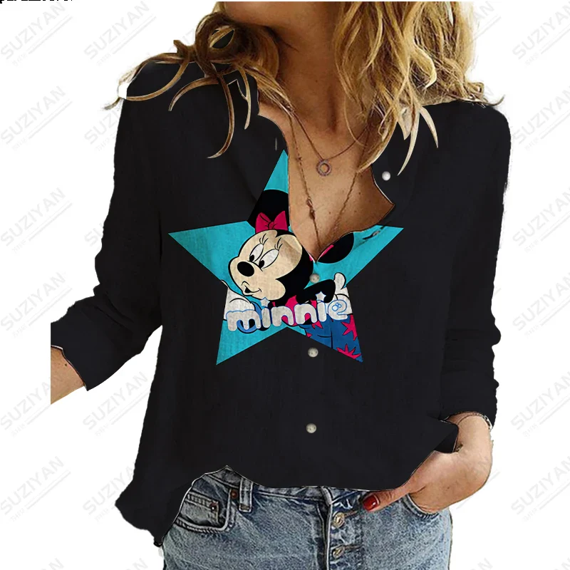Women's Spring New Long Sleeve Shirt Disney Mickey Minnie 3D Print Hot Selling Women's Polo Neck Button Unisex Casual Style Top - Image 2
