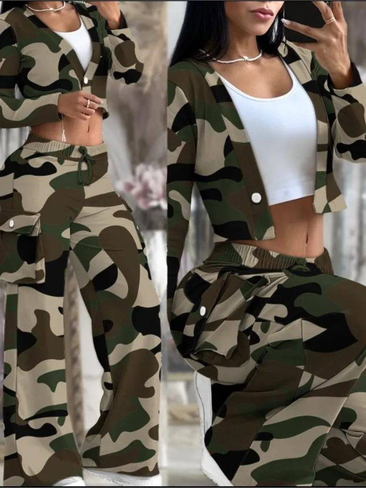 Women's Spring Summer New Fashionable Solid Color Printed Sexy Waist Short Top Casual Pants Set For Women - Image 2