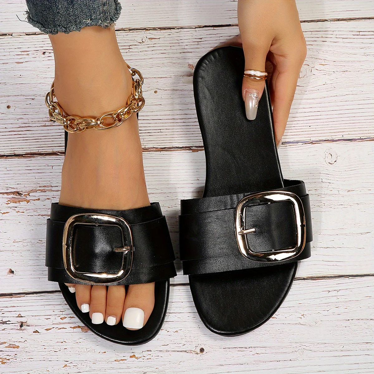 Women's Square Buckle Design Slide Sandals, Casual Slip On Flat Summer Shoes, Lightweight Beach Shoes - Image 8