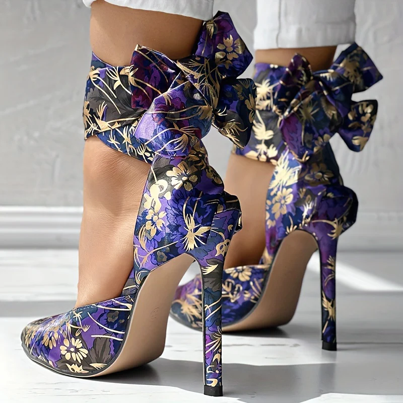 Women's Strappy Floral Print Satin Stiletto High Heels - Pointed Toe Lace Up D'Orsay Pumps with Ultrahigh Heel, Fabric Upper & Man Made Sole | Party & Dress Shoes | Fashion Stiletto Sandals - Image 11