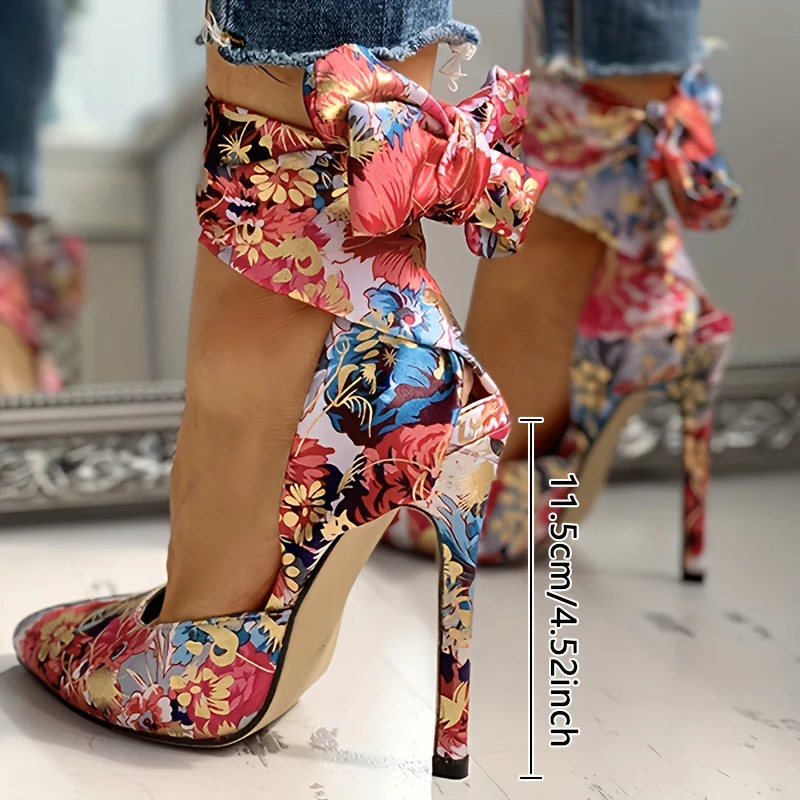 Women's Strappy Floral Print Satin Stiletto High Heels - Pointed Toe Lace Up D'Orsay Pumps with Ultrahigh Heel, Fabric Upper & Man Made Sole | Party & Dress Shoes | Fashion Stiletto Sandals - Image 4