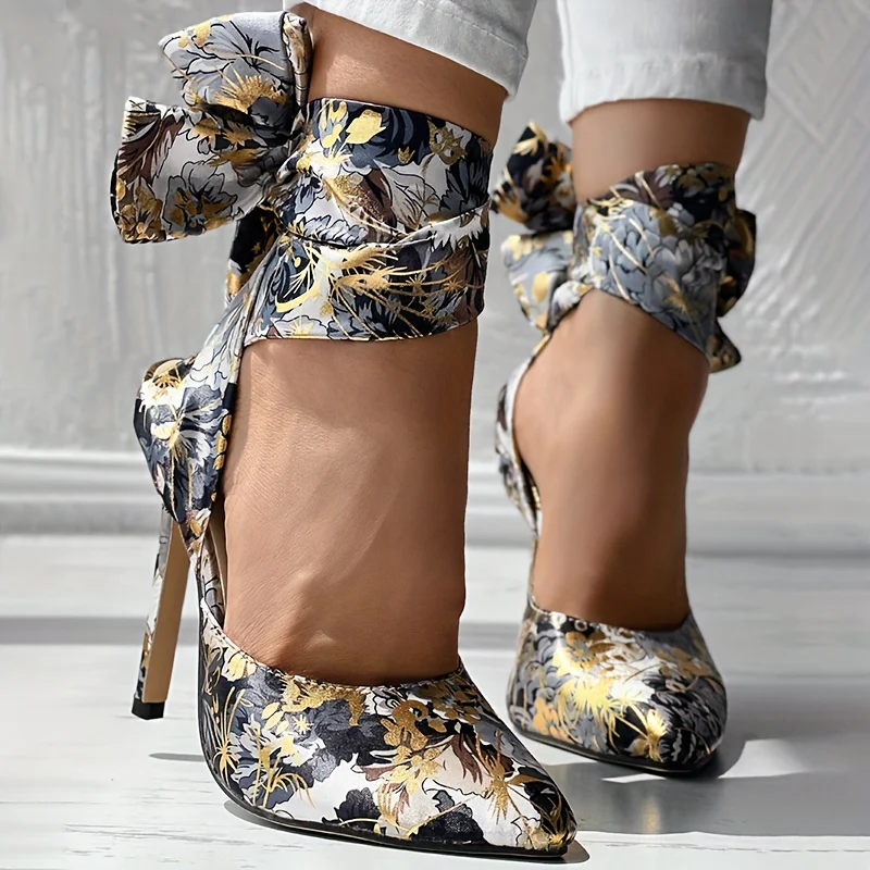 Women's Strappy Floral Print Satin Stiletto High Heels - Pointed Toe Lace Up D'Orsay Pumps with Ultrahigh Heel, Fabric Upper & Man Made Sole | Party & Dress Shoes | Fashion Stiletto Sandals - Image 7