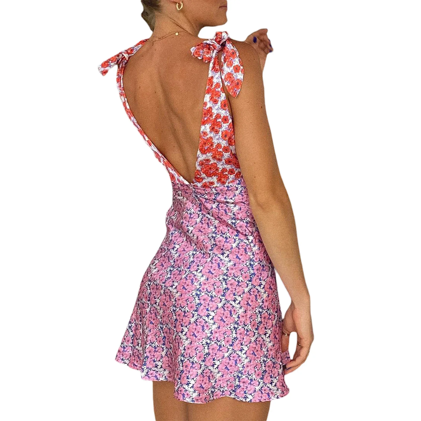 Women's Summer Casual Mini Dress Fashion Floral Print V-Neck Tie-Up Shoulder Backless Dress Fashion A-line Dress - Image 4