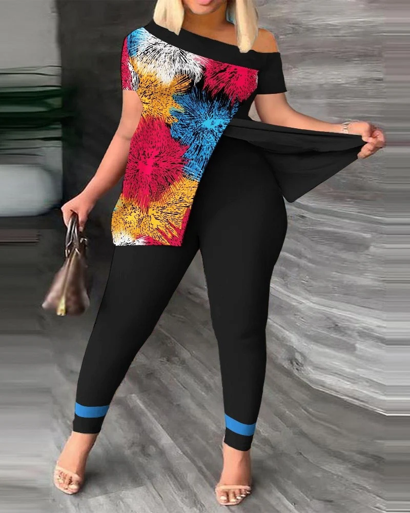 Women's Summer Fashion Geometric Print Short Sleeve Suit Set Femme Casual Sporty 2Pcs Set One-Shoulder Split Hem Tops &Pants Set - Image 11