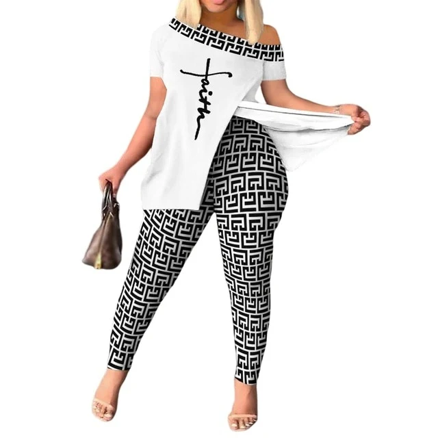 Women's Summer Fashion Geometric Print Short Sleeve Suit Set Femme Casual Sporty 2Pcs Set One-Shoulder Split Hem Tops &Pants Set - Image 6