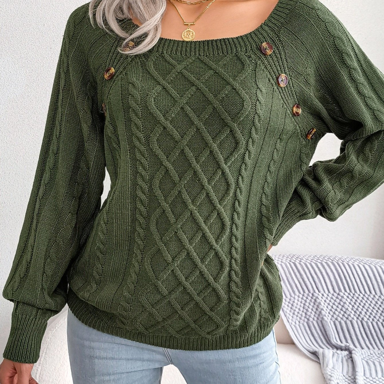 Women's Sweater Round Neck Texture Button Lantern Sleeve Sweater - Image 16