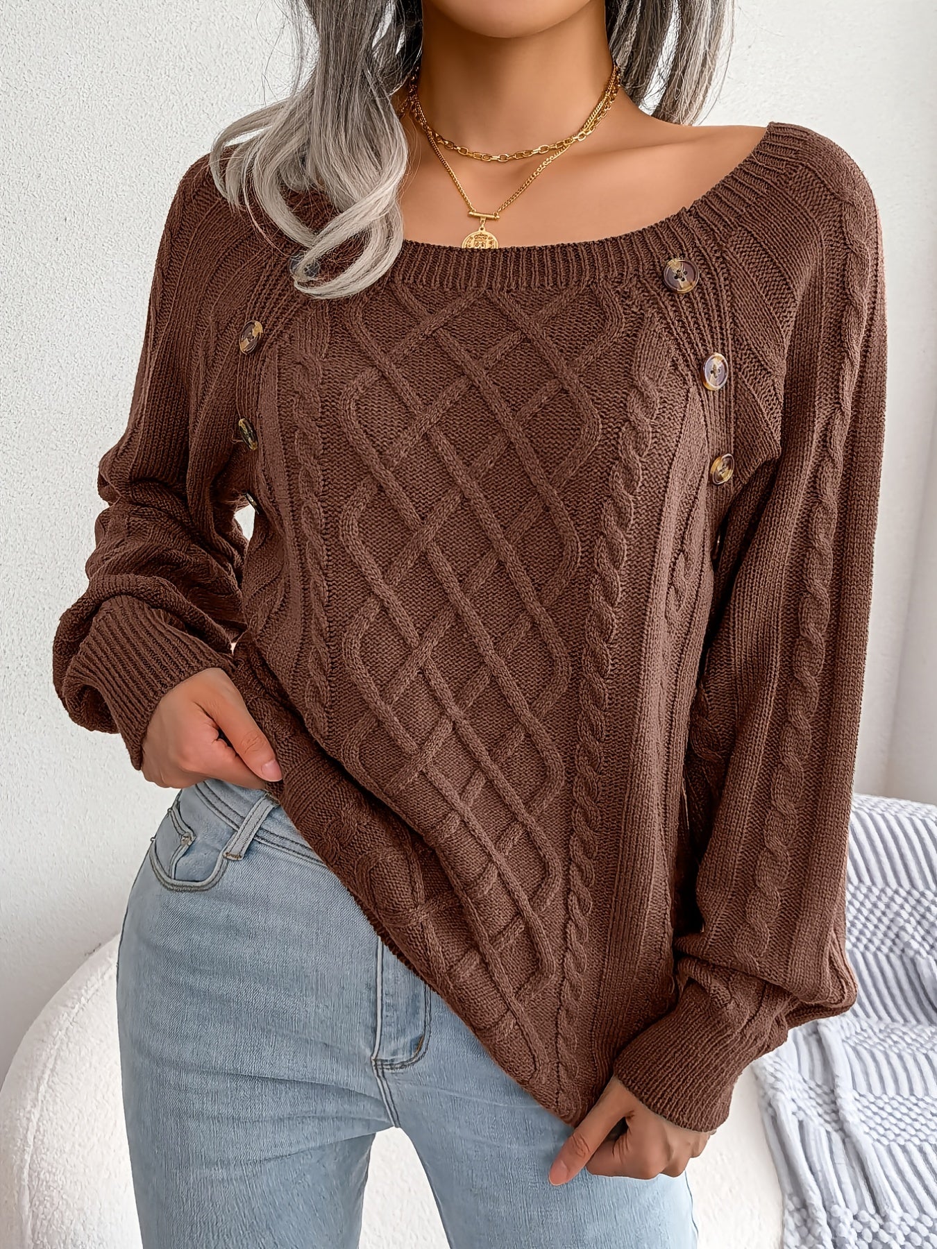 Women's Sweater Round Neck Texture Button Lantern Sleeve Sweater - Image 9