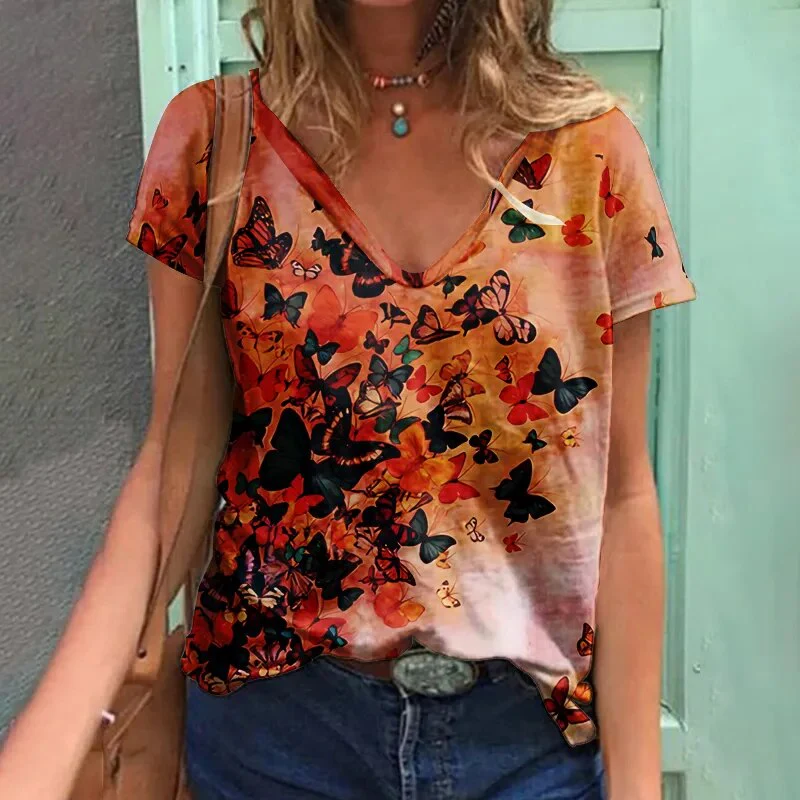 Women's T-shirt Flower Pattern Girls' Clothing Summer V-Neck Short Sleeve T-shirt Women's Harajuku Street Clothing Plus Size Top - Image 14