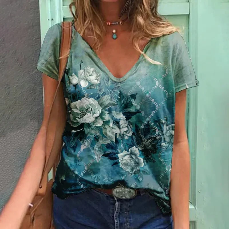 Women's T-shirt Flower Pattern Girls' Clothing Summer V-Neck Short Sleeve T-shirt Women's Harajuku Street Clothing Plus Size Top - Image 3