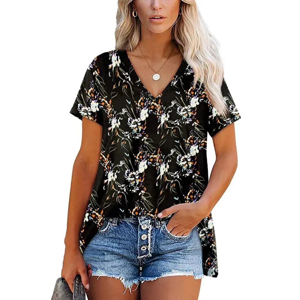 Women'S T-Shirt Summer Short-Sleeved Tops Casual Floral Print Fashion V-Neck Tshirt Summer Short-Sleeved Fancy Pullover Clothing - Image 2