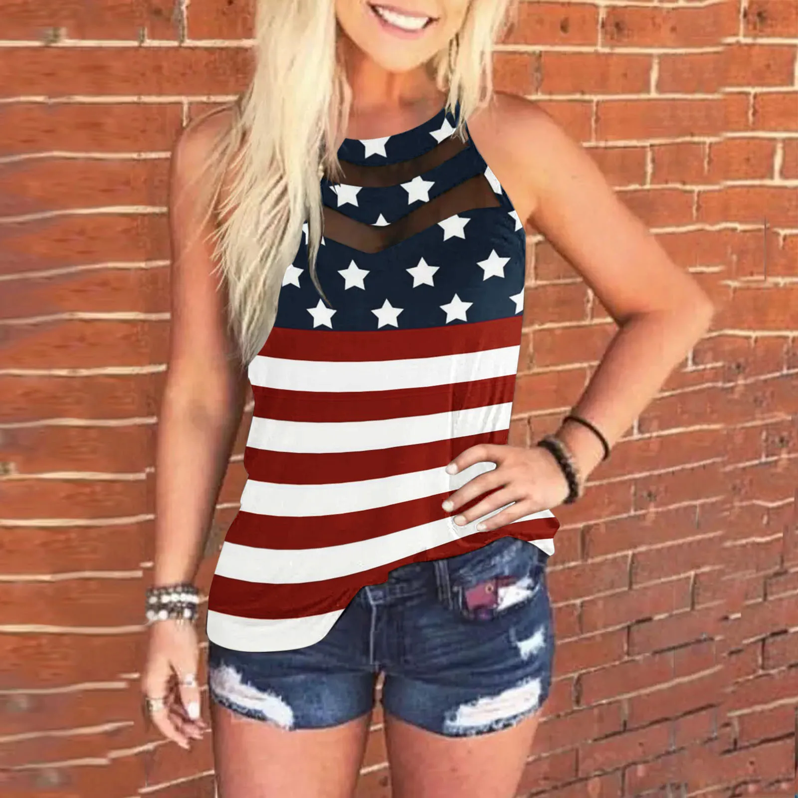 Women's Tanks Sexy 4th Of July Sleeveless Racer Back Neck Sling Daily Vest Summer Clothes Blouse Tops For Women Pulovers Tee Top - Image 2