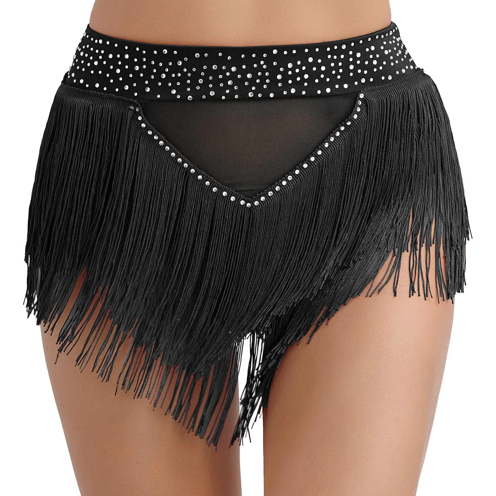 Womens Tassel Belly Dance Shorts Skirts Samba Fringe Latin Rumba Samba Tango Dancewear Shiny Rhinestone See Through Mesh Bottoms - Image 10