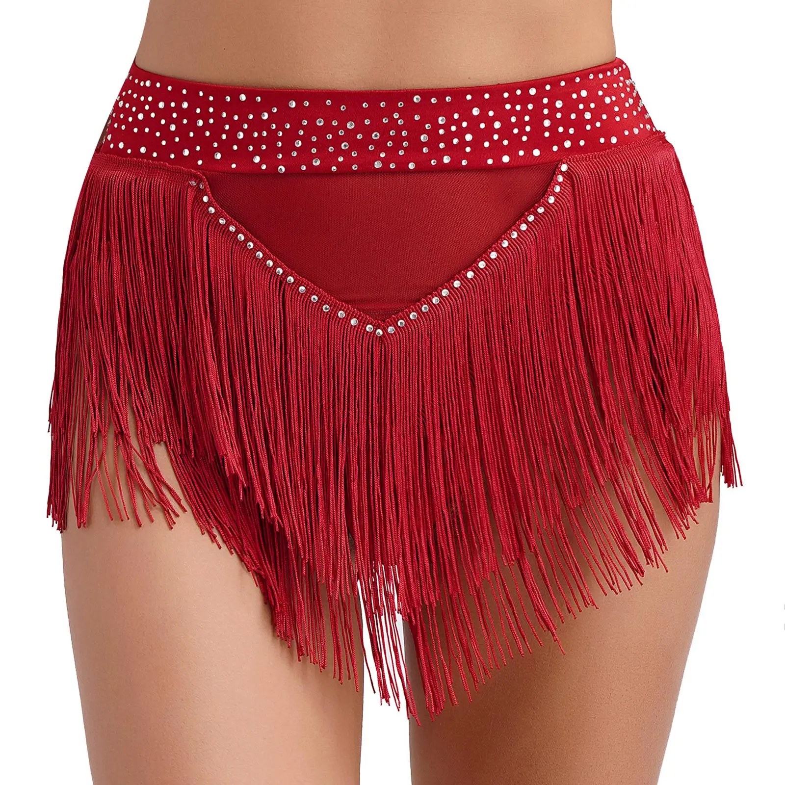 Womens Tassel Belly Dance Shorts Skirts Samba Fringe Latin Rumba Samba Tango Dancewear Shiny Rhinestone See Through Mesh Bottoms - Image 3