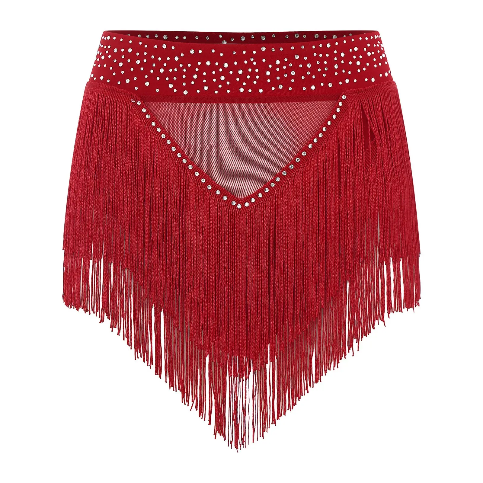 Womens Tassel Belly Dance Shorts Skirts Samba Fringe Latin Rumba Samba Tango Dancewear Shiny Rhinestone See Through Mesh Bottoms - Image 5