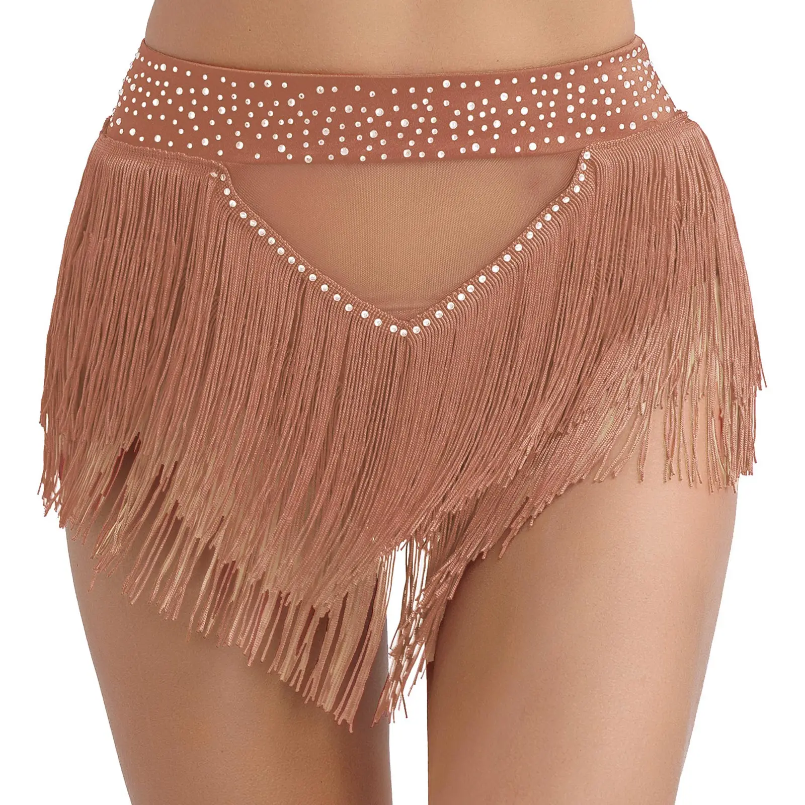 Womens Tassel Belly Dance Shorts Skirts Samba Fringe Latin Rumba Samba Tango Dancewear Shiny Rhinestone See Through Mesh Bottoms - Image 8