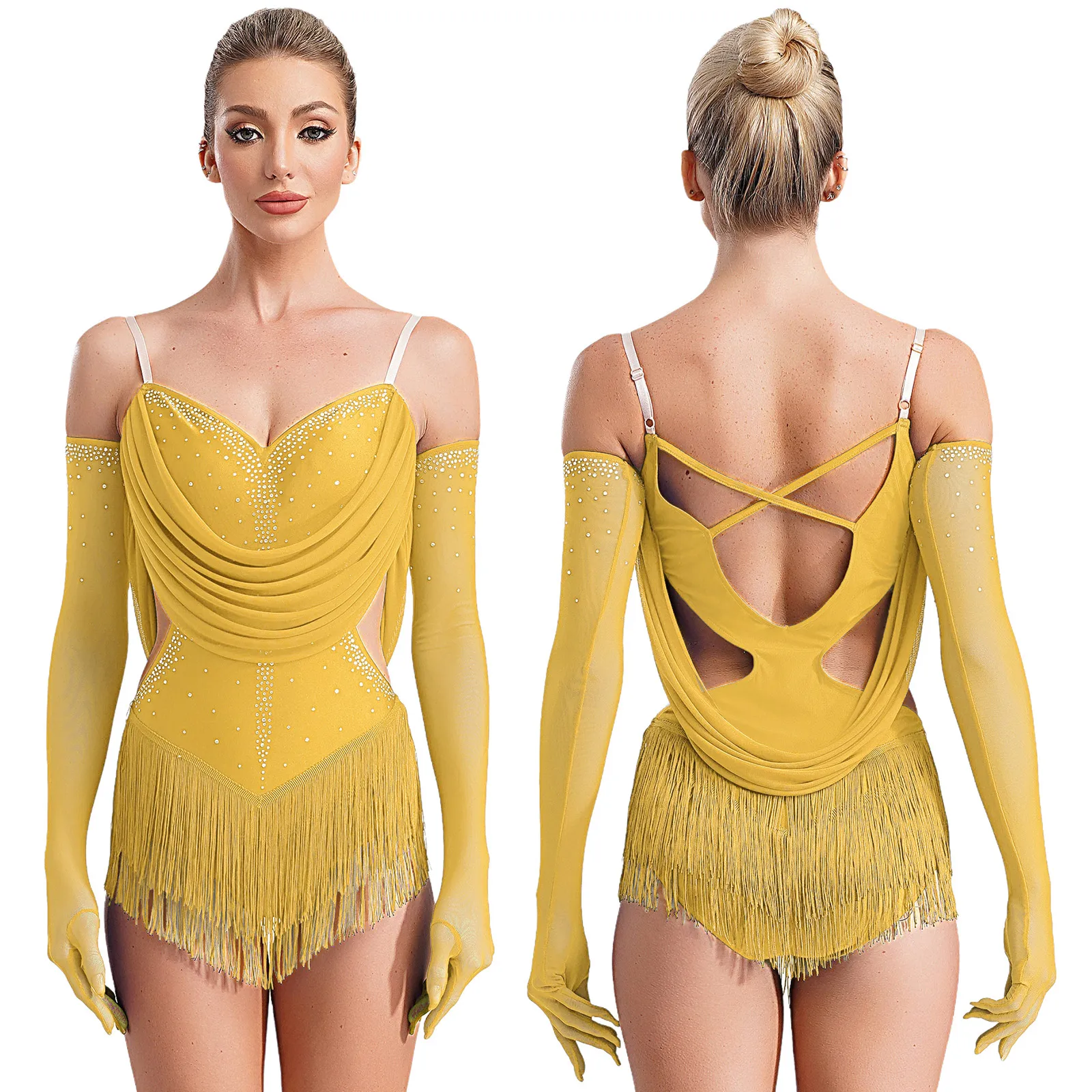 Womens Tassel Latin Dance Leotard Dress Rhinestone Fringed Bodysuit+Gloves Outfits for Tango Cha-Cha Salsa Skating Performance - Image 11