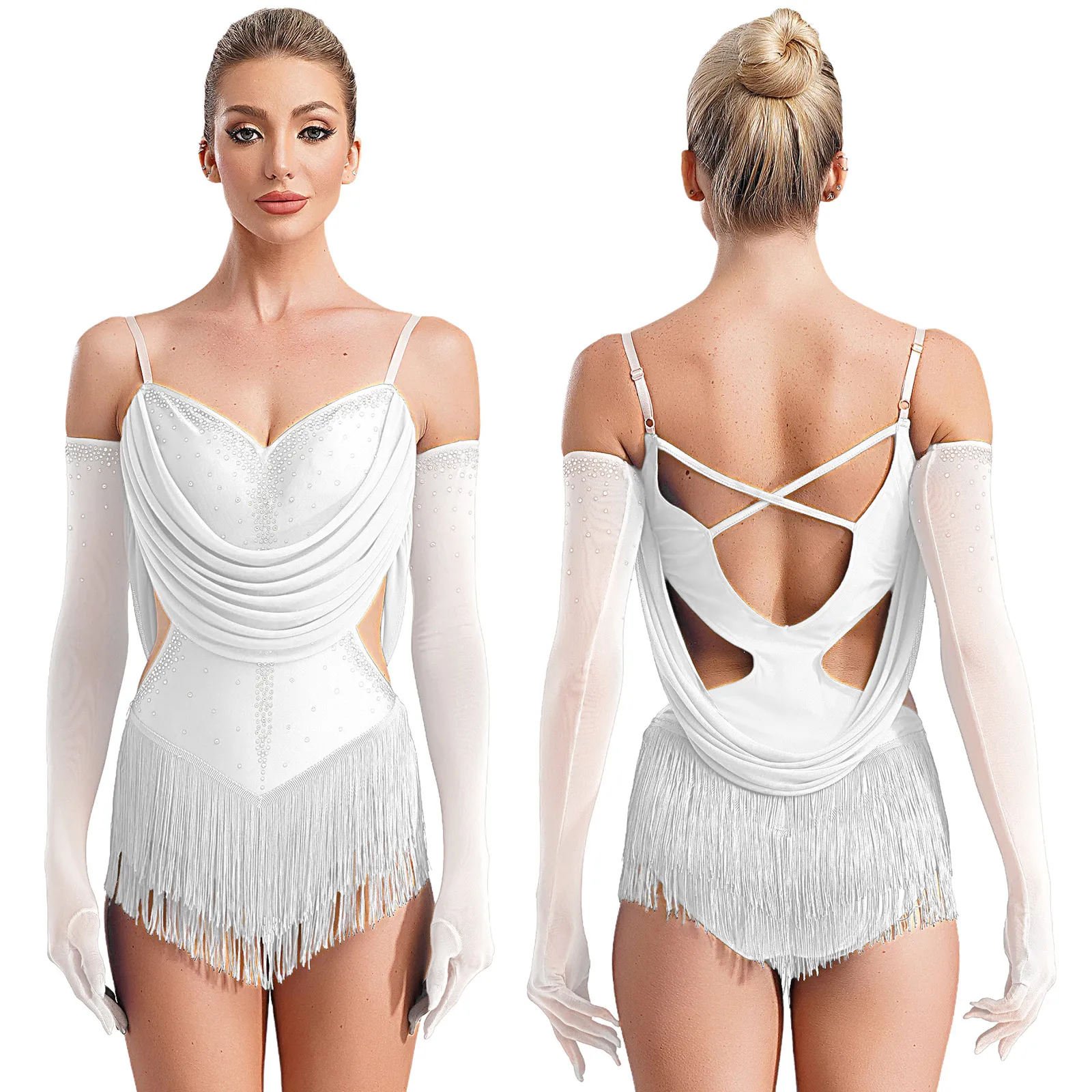 Womens Tassel Latin Dance Leotard Dress Rhinestone Fringed Bodysuit+Gloves Outfits for Tango Cha-Cha Salsa Skating Performance - Image 12