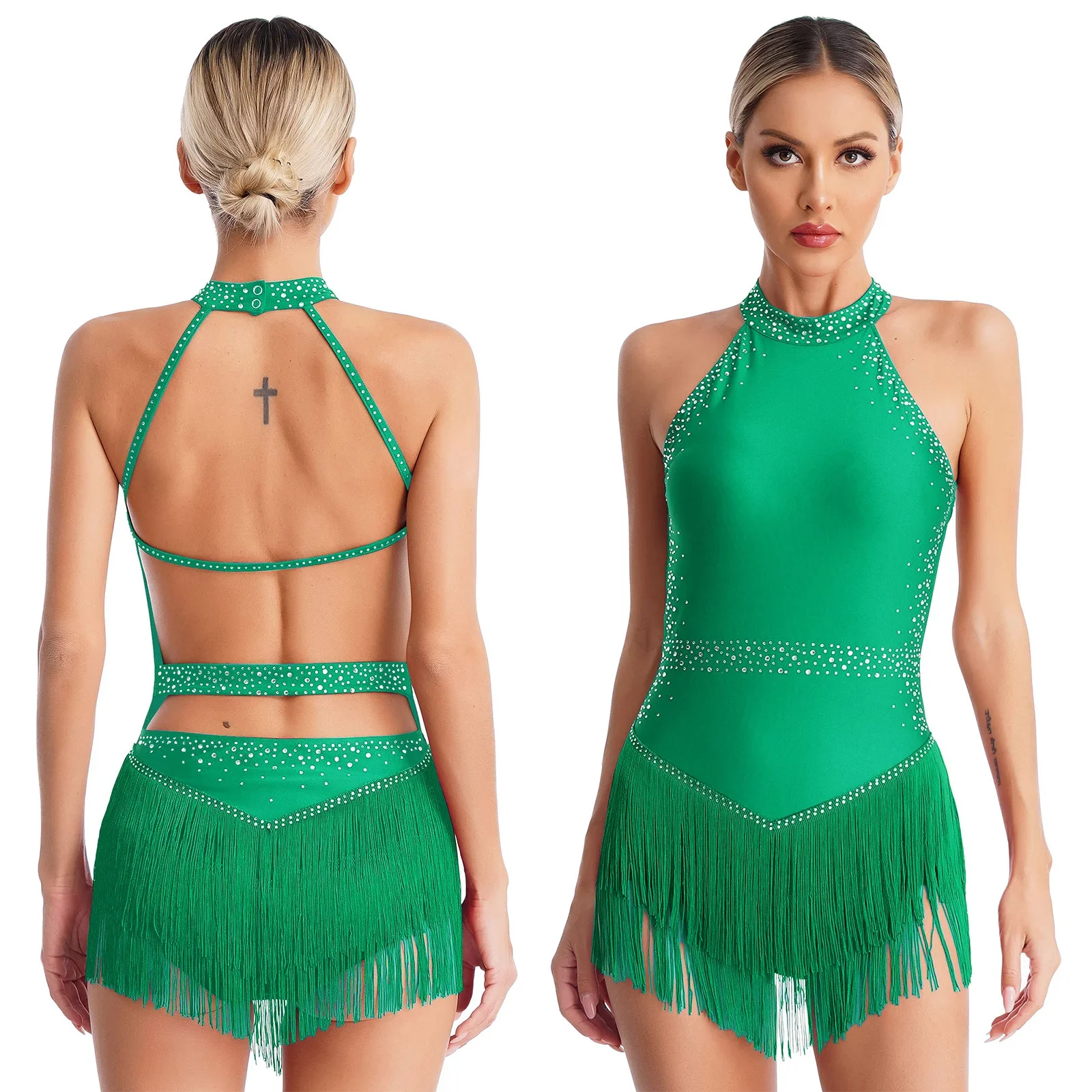 Womens Tassel Latin Dance Leotard Dress Rhinestone Fringed Bodysuit+Gloves Outfits for Tango Cha-Cha Salsa Skating Performance - Image 15