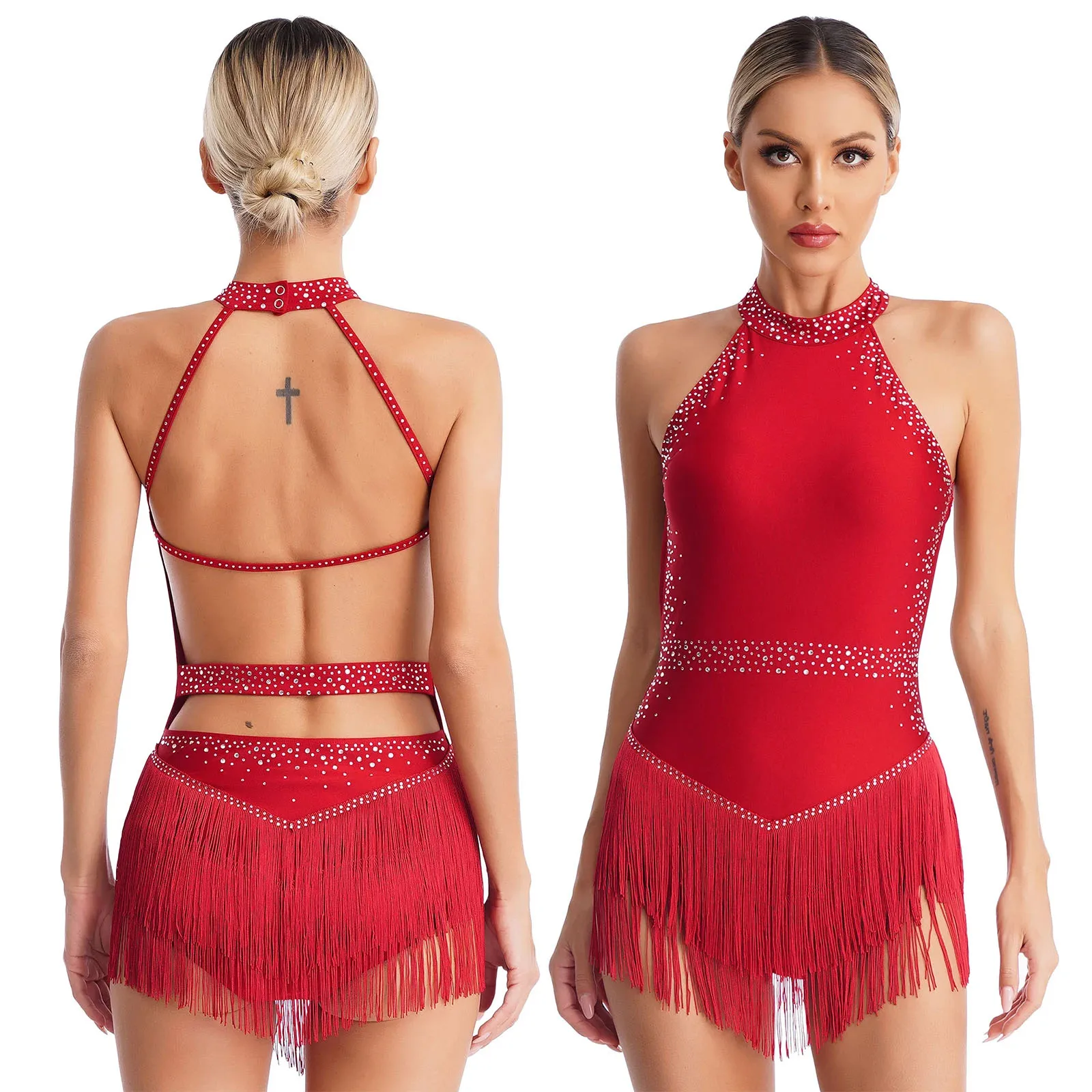 Womens Tassel Latin Dance Leotard Dress Rhinestone Fringed Bodysuit+Gloves Outfits for Tango Cha-Cha Salsa Skating Performance - Image 7
