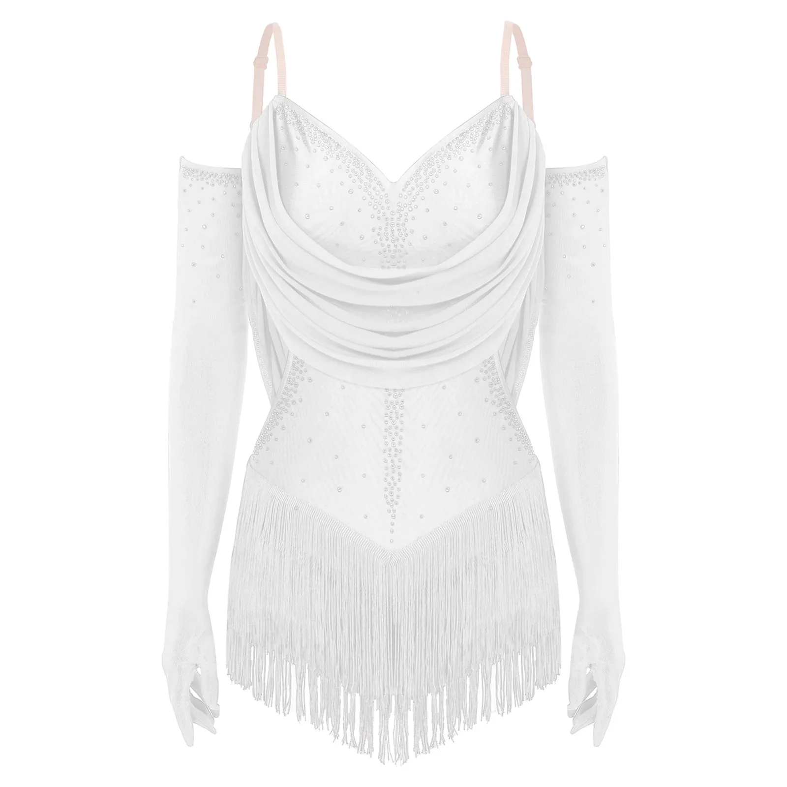 Womens Tassel Latin Rumba Dance Leotard Glittery Cutout Fringed Bodysuit with Gloves Cha-cha Samba Tango Performance Costume - Image 8
