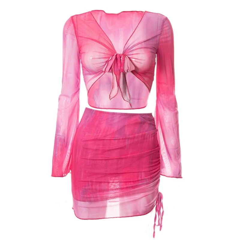 Womens Tie-Dye Long Sleeve Lace-Up Crop Top and Side Ruched Drawstring Mini Skirt Set Summer Bikinis Cover Up Beachwear - Image 2