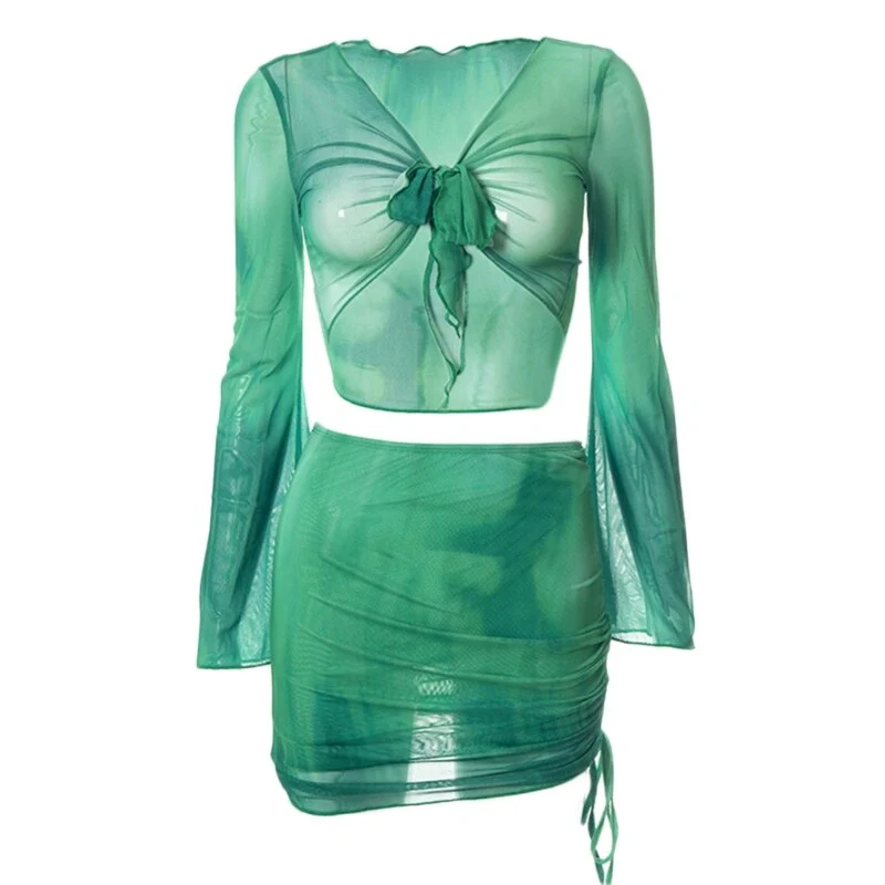 Womens Tie-Dye Long Sleeve Lace-Up Crop Top and Side Ruched Drawstring Mini Skirt Set Summer Bikinis Cover Up Beachwear - Image 3