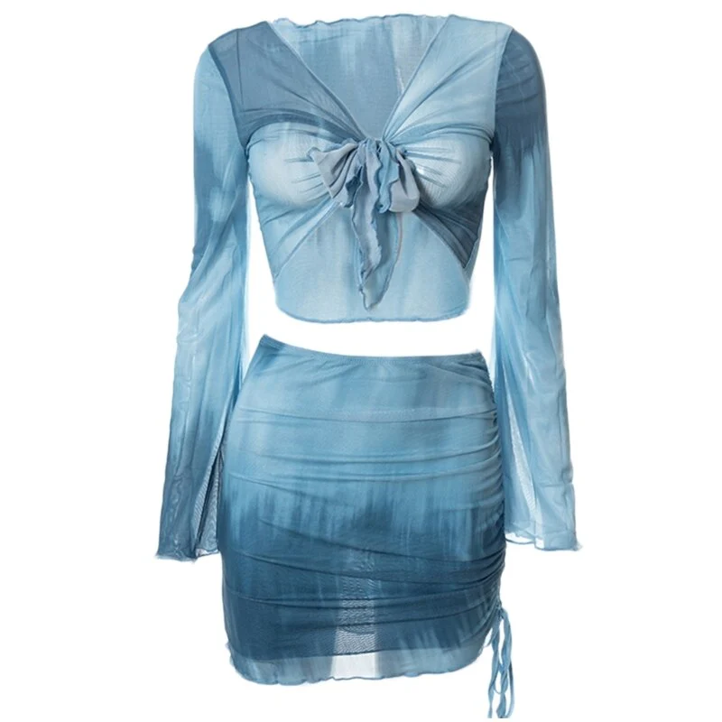 Womens Tie-Dye Long Sleeve Lace-Up Crop Top and Side Ruched Drawstring Mini Skirt Set Summer Bikinis Cover Up Beachwear - Image 4