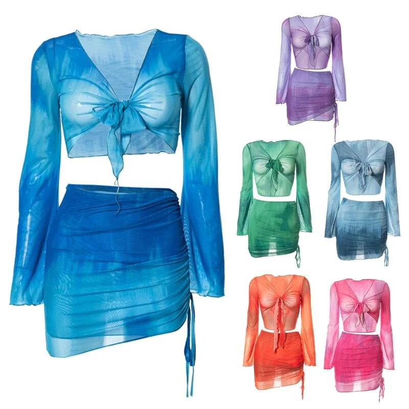 Womens Tie-Dye Long Sleeve Lace-Up Crop Top and Side Ruched Drawstring Mini Skirt Set Summer Bikinis Cover Up Beachwear - Image 8