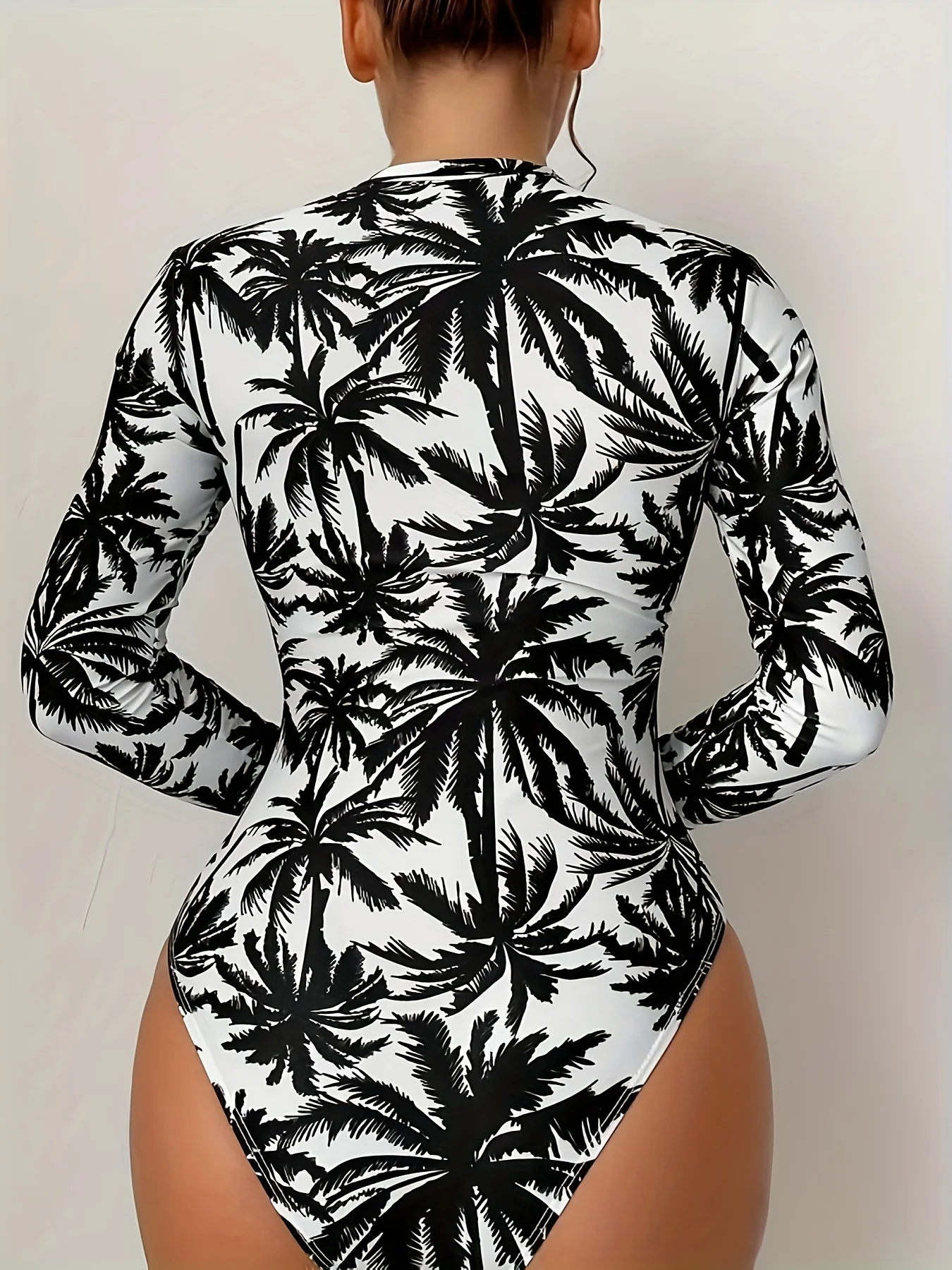 Womens Tropical Print One-Piece Swimsuit - Removable Padded, Long Sleeves, Half Zipper, Crew Neck, Medium Stretch, Quick-Dry Polyester - Surfing Water Sports Competitive Bathing Suit - Image 6