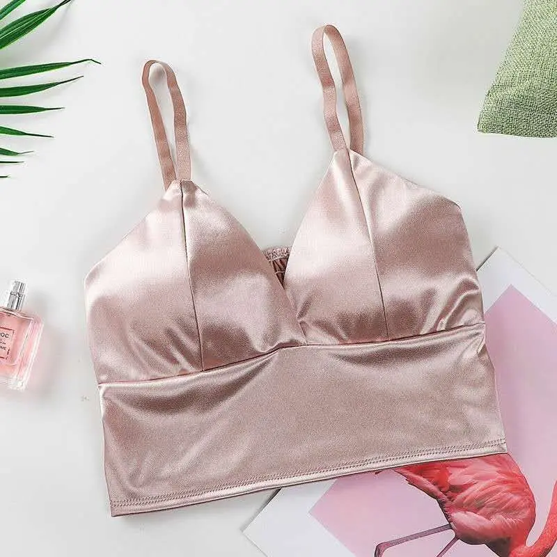 Women's Tube Top Silk Comfortable Crop Top Sexy Camisole Wireless Summer V-Neck Sleeveless Underwear - Image 10