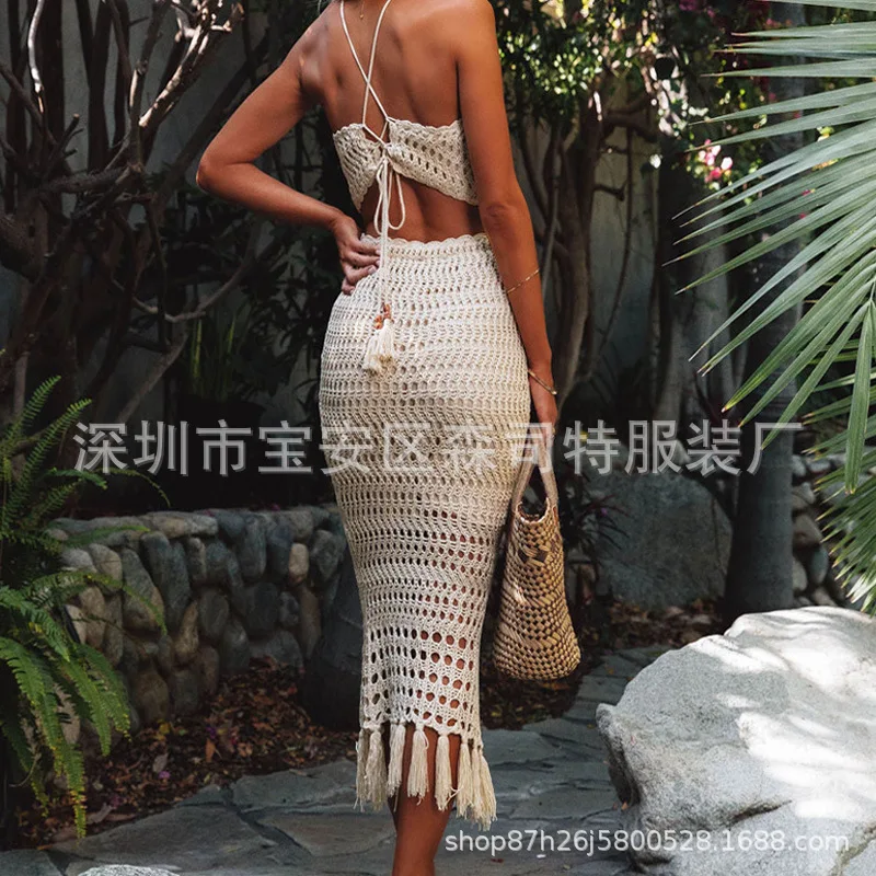 Women's Two-piece Solid Color Temperament Commuting Hanging Neck Sleeveless Vest Solid Color Checkerboard Skirt Korean Set - Image 3