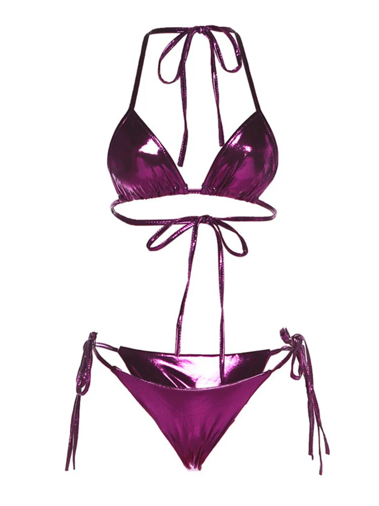 Women's Two-piece Swimwear Bikini Swimsuit 2023 Summer Beach Sexy Solid Laser Shiny Metallic Woman Bra Bikini Sets Bathing Suits - Image 2