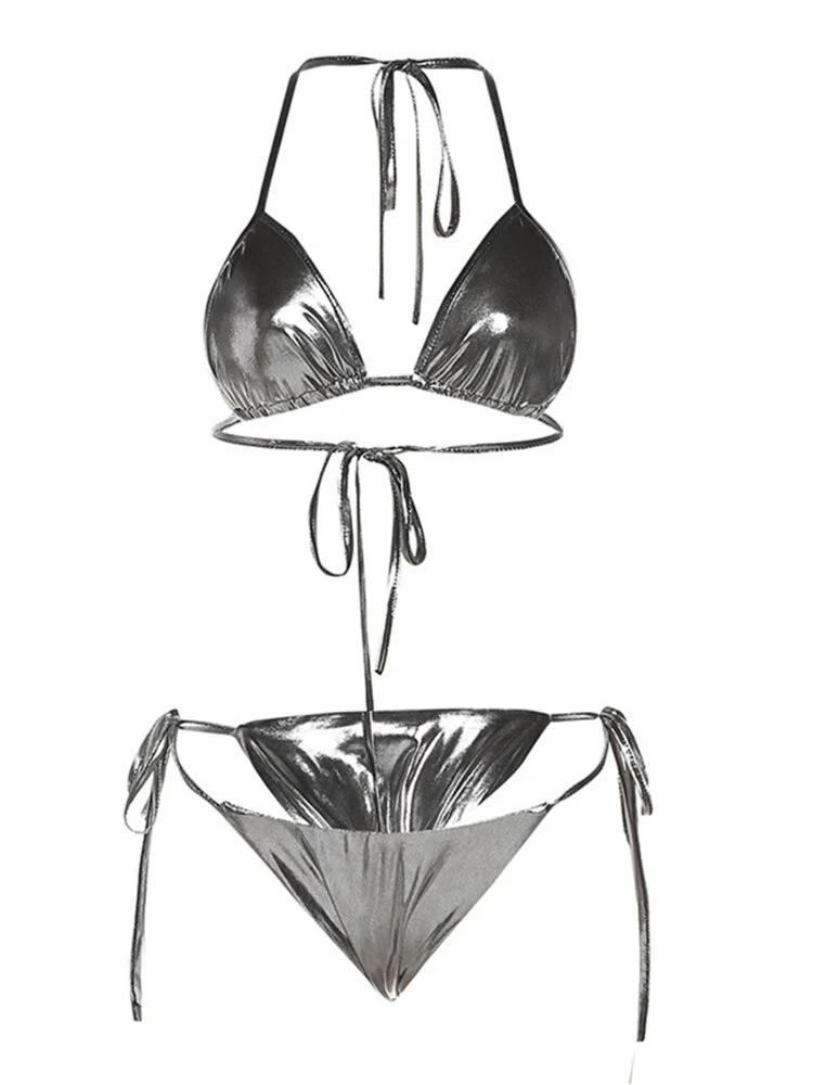 Women's Two-piece Swimwear Bikini Swimsuit 2023 Summer Beach Sexy Solid Laser Shiny Metallic Woman Bra Bikini Sets Bathing Suits - Image 3