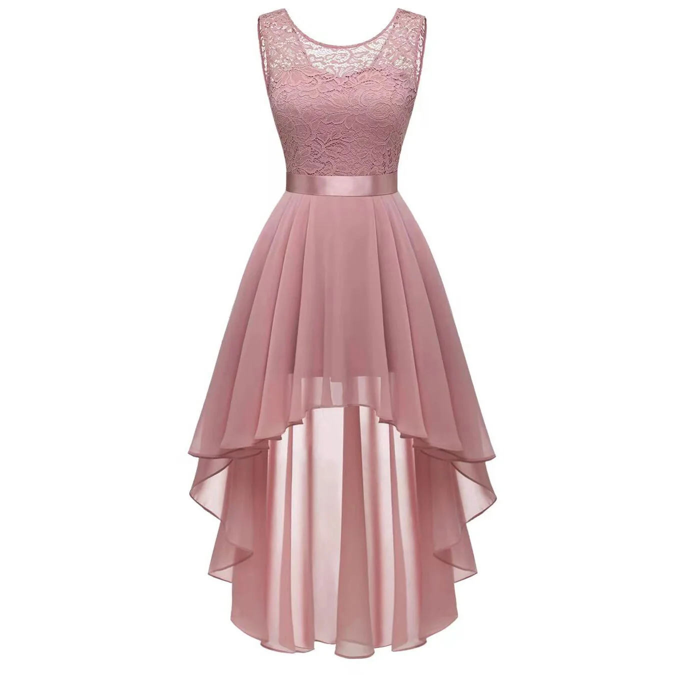 Women's Vintage O Neck Lace Patchwork Chiffon Swing High-Low Bridesmaid Dress Cocktail Party Pleated Dresses - Image 10