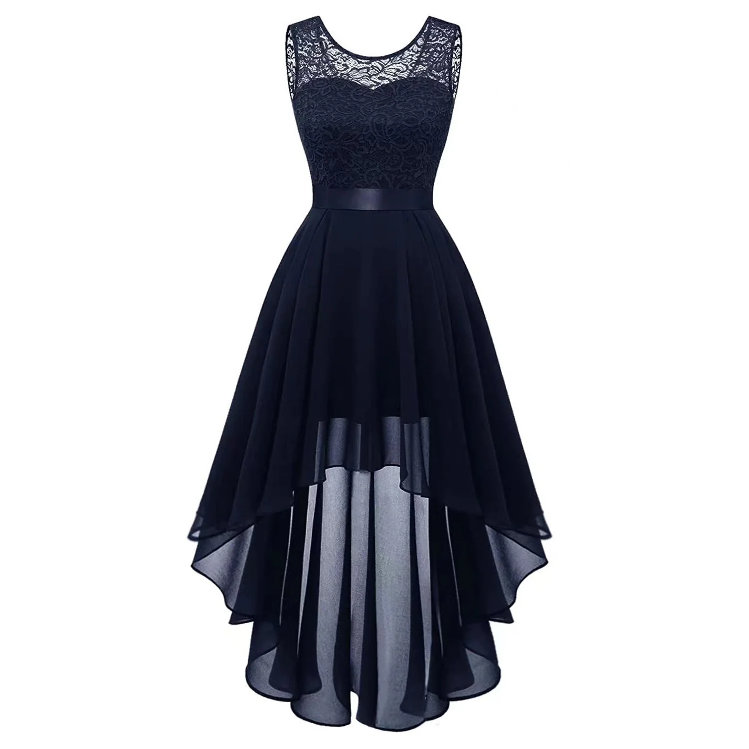 Women's Vintage O Neck Lace Patchwork Chiffon Swing High-Low Bridesmaid Dress Cocktail Party Pleated Dresses - Image 12
