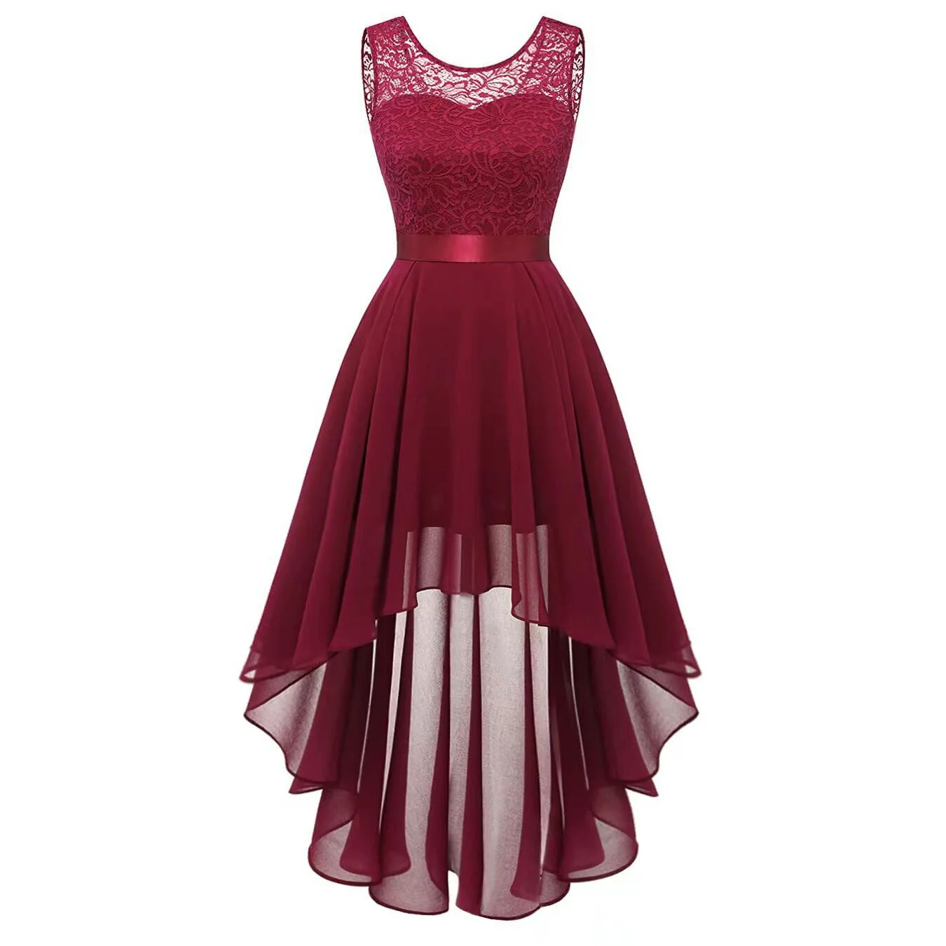 Women's Vintage O Neck Lace Patchwork Chiffon Swing High-Low Bridesmaid Dress Cocktail Party Pleated Dresses - Image 13