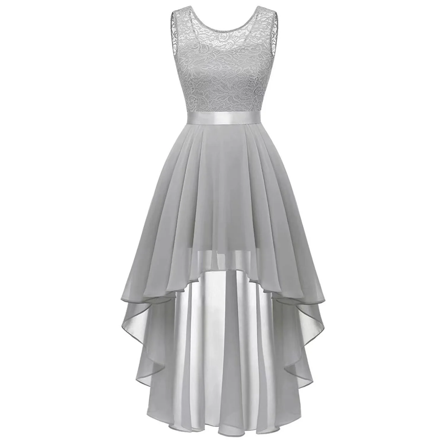 Women's Vintage O Neck Lace Patchwork Chiffon Swing High-Low Bridesmaid Dress Cocktail Party Pleated Dresses - Image 14