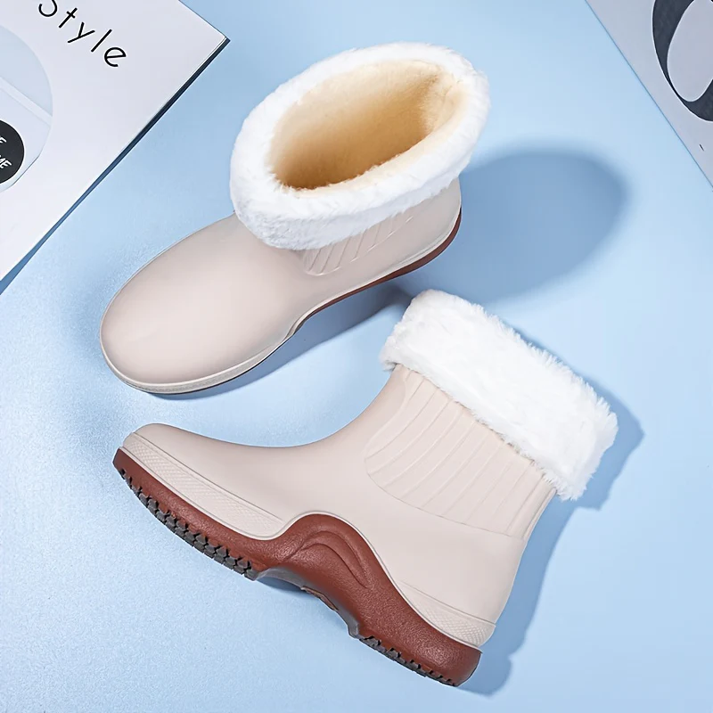 Women's Waterproof Mid Calf Boots, Fleece Liner Round Toe Platform Rain Boots, Women's Warm Plus Fashion Boots - Image 2