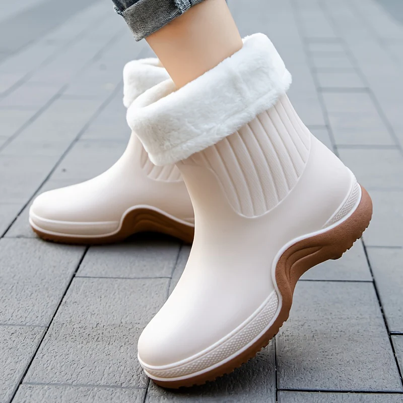 Women's Waterproof Mid Calf Boots, Fleece Liner Round Toe Platform Rain Boots, Women's Warm Plus Fashion Boots - Image 5