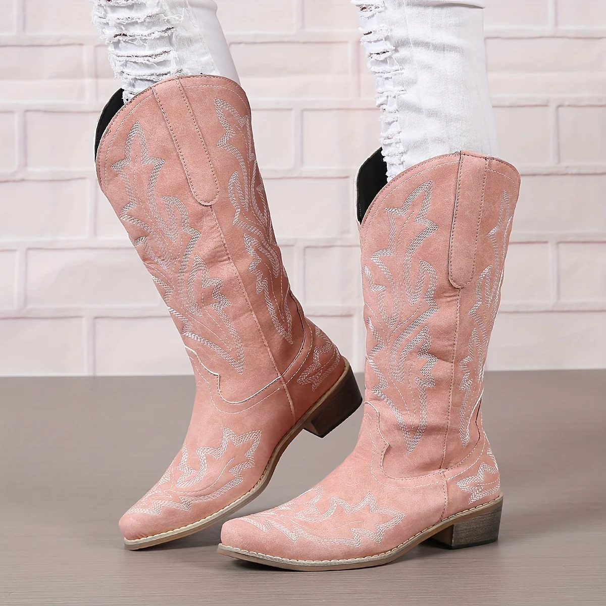 Women's Western Mid Calf Boots, V-cut Embroidery Cowgirl Boots, Retro Style Pointed Toe Slip On Shoes - Image 11