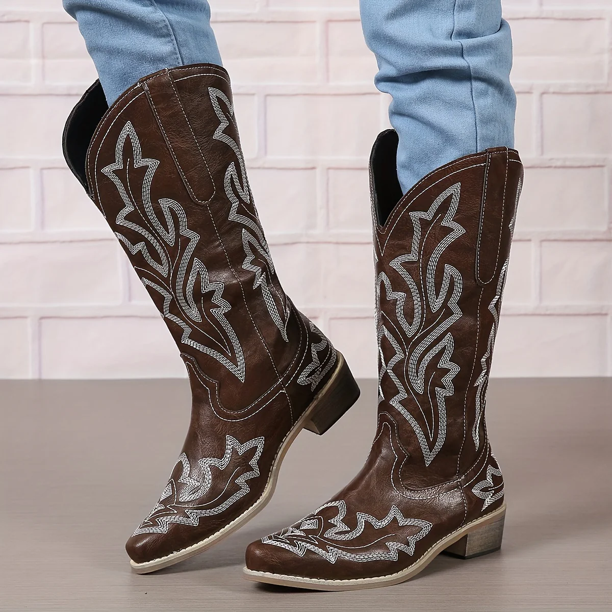 Women's Western Mid Calf Boots, V-cut Embroidery Cowgirl Boots, Retro Style Pointed Toe Slip On Shoes - Image 18