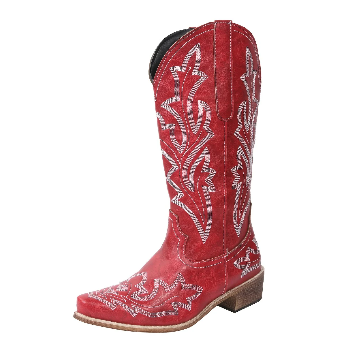 Women's Western Mid Calf Boots, V-cut Embroidery Cowgirl Boots, Retro Style Pointed Toe Slip On Shoes - Image 3