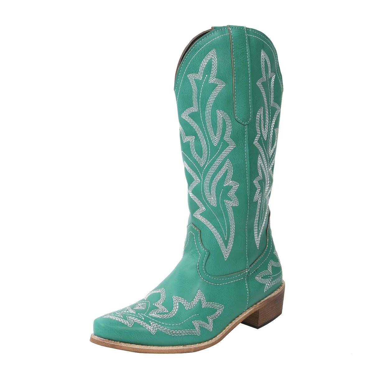 Women's Western Mid Calf Boots, V-cut Embroidery Cowgirl Boots, Retro Style Pointed Toe Slip On Shoes - Image 6