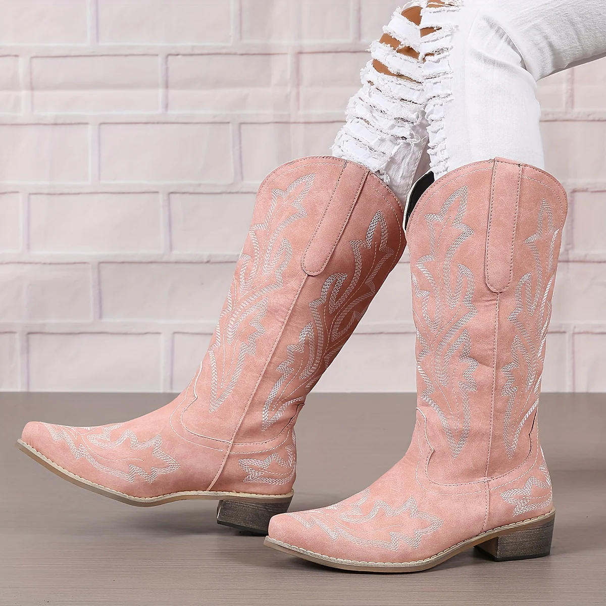 Women's Western Mid Calf Boots, V-cut Embroidery Cowgirl Boots, Retro Style Pointed Toe Slip On Shoes - Image 8