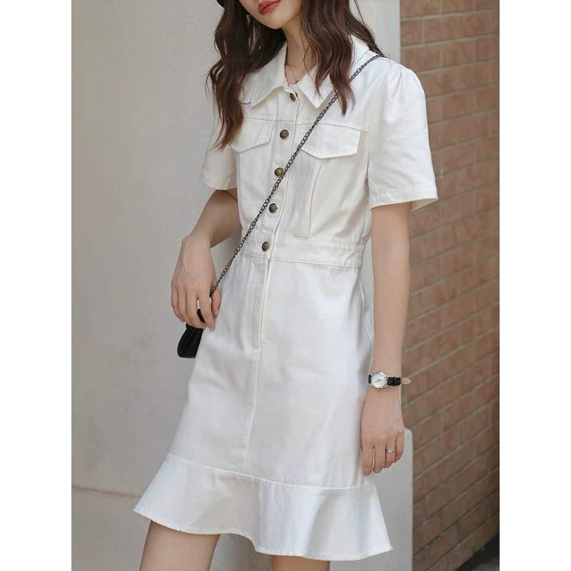 Women's White K-style Niche Style Summer Denim Dress - Image 8