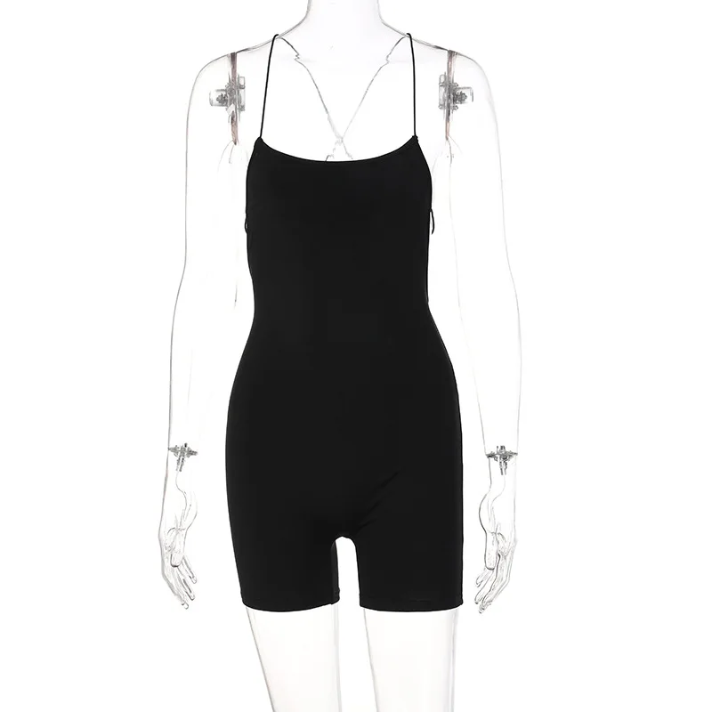 Women's Wholesale Romper Short Jumpsuit Summer 2024New Solid Color Lanyard Straight Neck Open Back Jumpsuit - Image 7