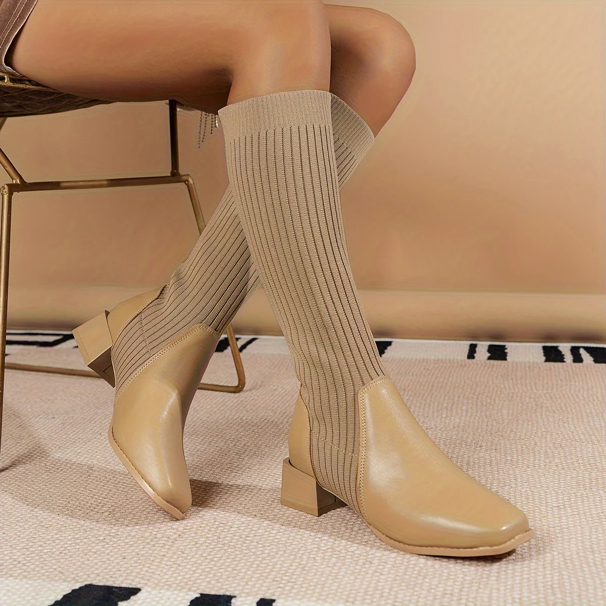 Women'S Winter Knee-High Chelsea Boots - Chunky Knit-like Texture, Mid-Heel Block Heel, Pull-On Closure, Square Toe, Brown, Casual & Stylish for Casual Attire, Winter Boots, Cold Weather Footwear - Image 3